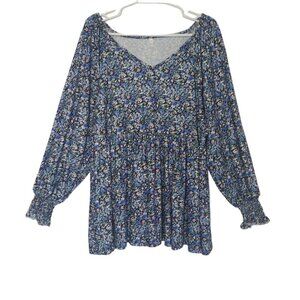 Floral Print Long Sleeve Blouse With Elastic Cuffs & Flowy Hemline, size 2XL